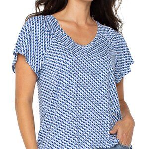 LIVERPOOL SHORT FLUTTER SLEEVE KNIT TOP M / BLUE GEO